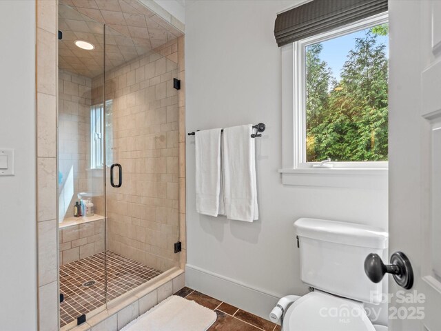 bathroom featuring a healthy amount of sunlight, baseboards, and a shower stall
