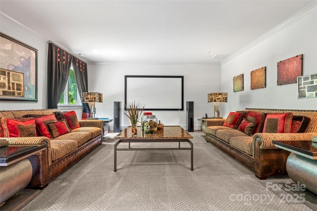 carpeted living area featuring crown molding