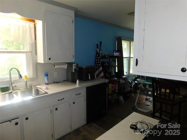 kitchen featuring light countertops, white cabinetry, and a sink