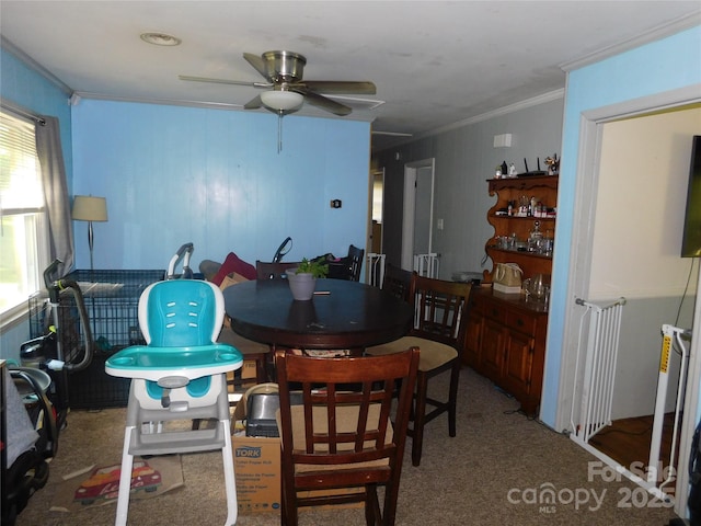 dining space with a ceiling fan, crown molding, and plenty of natural light