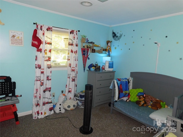 carpeted bedroom with ornamental molding