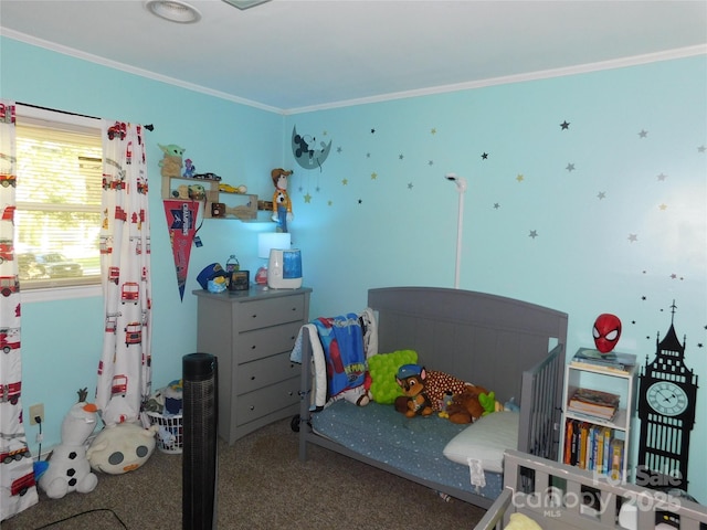 carpeted bedroom with ornamental molding