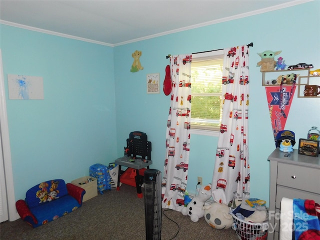 carpeted bedroom featuring ornamental molding