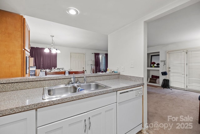 1832 J Julian Ln, Charlotte, NC 28208 - kitchen featuring white dishwasher, a sink, light carpet, light countertops, and hanging light fixtures