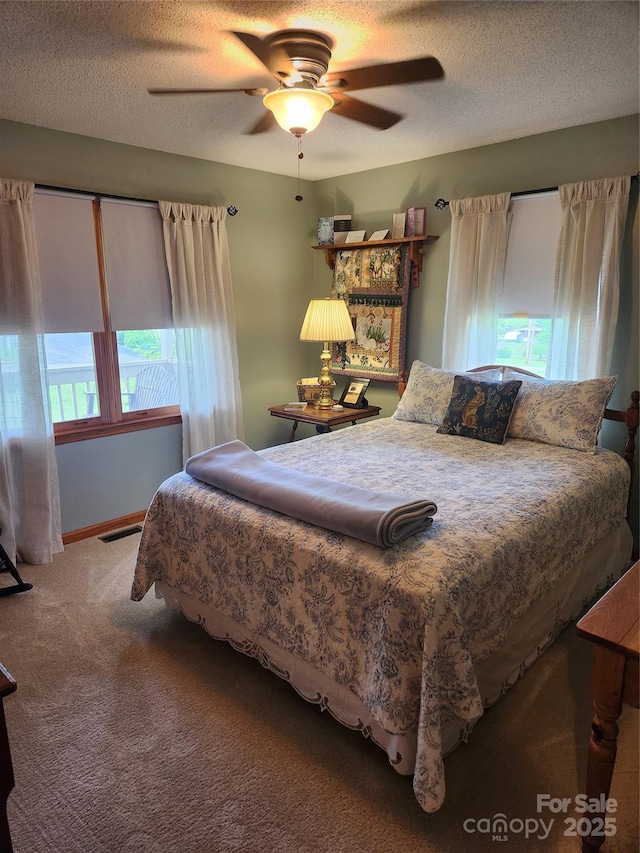 107 Buckner Dr, Roan Mountain, TN 37687 - bedroom with a ceiling fan, a textured ceiling, visible vents, and carpet