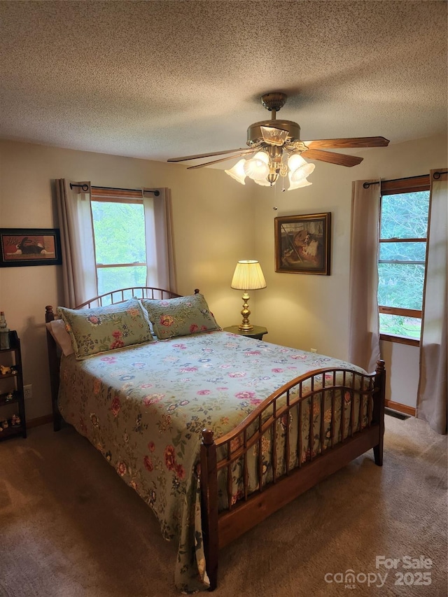 107 Buckner Dr, Roan Mountain, TN 37687 - bedroom featuring carpet flooring, a ceiling fan, a textured ceiling, and baseboards