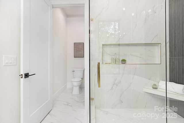 1534 Easy St, Belmont, NC 28012 - full bathroom featuring marble tiled floors, toilet, a marble finish shower, and baseboards