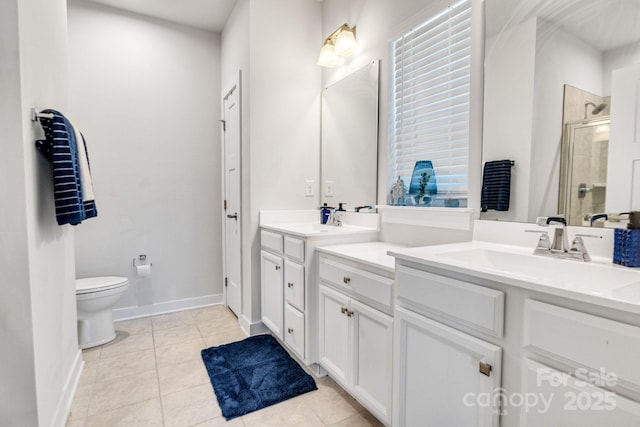 5112 Larewood Dr, Charlotte, NC 28215 - full bath with double vanity, baseboards, tile patterned floors, a shower stall, and a sink
