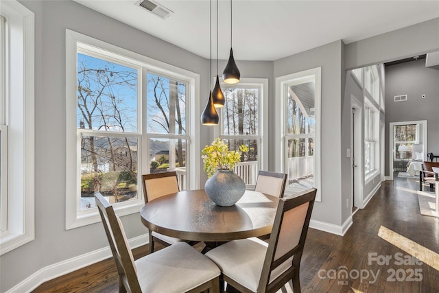 dining space featuring visible vents, baseboards, and dark wood-style floors