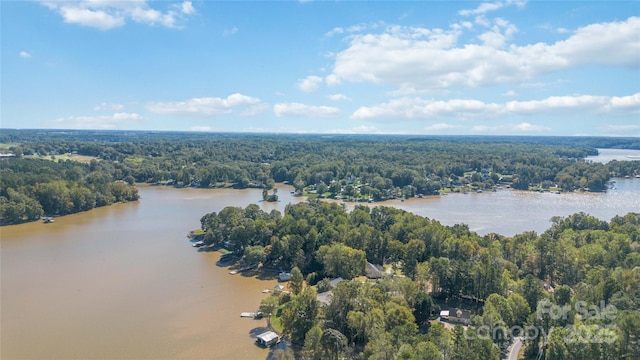 aerial view featuring a water view and a wooded view
