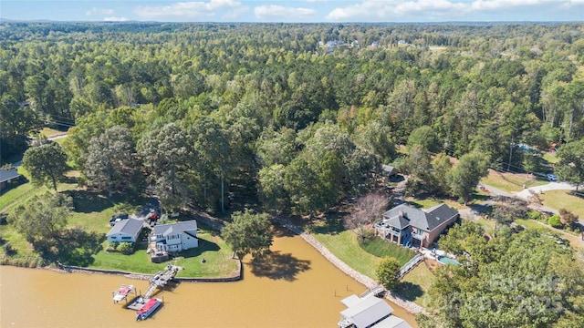 birds eye view of property with a water view and a forest view