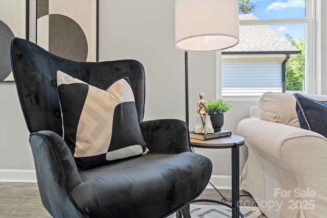 living area featuring baseboards and wood finished floors