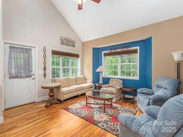 54 Sapling Ln, Waynesville, NC 28786 - living room with high vaulted ceiling, a ceiling fan, wood finished floors, and baseboards