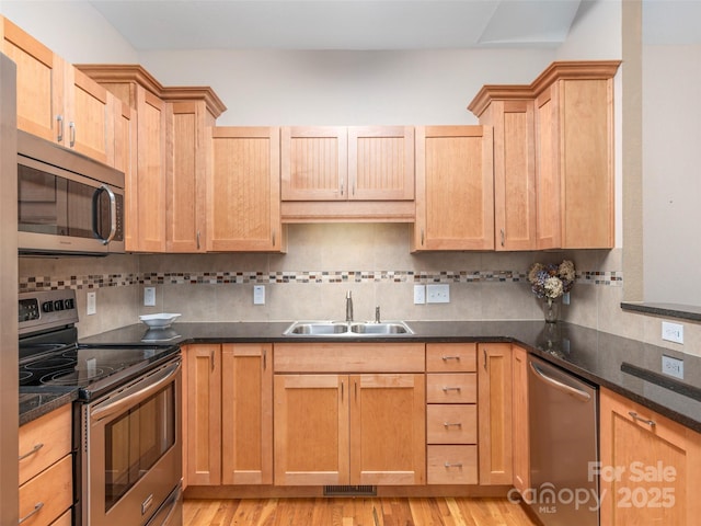 54 Sapling Ln, Waynesville, NC 28786 - kitchen featuring stainless steel appliances, a sink, light wood-style flooring, and tasteful backsplash
