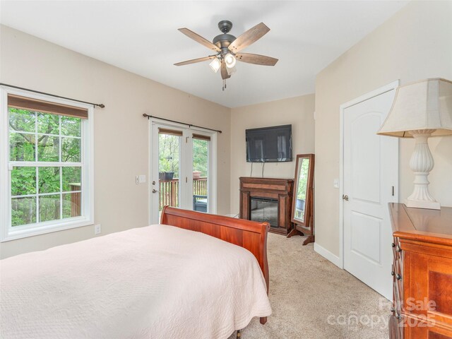 54 Sapling Ln, Waynesville, NC 28786 - bedroom featuring access to exterior, light colored carpet, a glass covered fireplace, and multiple windows