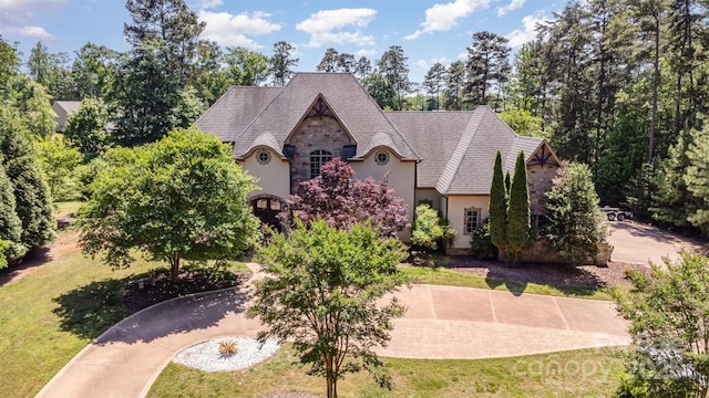 277 Tradition Dr, Mount Gilead, NC 27306 - french country inspired facade featuring stucco siding, a front yard, and stone siding