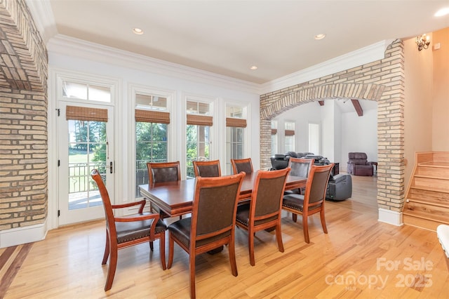 277 Tradition Dr, Mount Gilead, NC 27306 - dining room featuring recessed lighting, arched walkways, ornamental molding, and light wood-type flooring