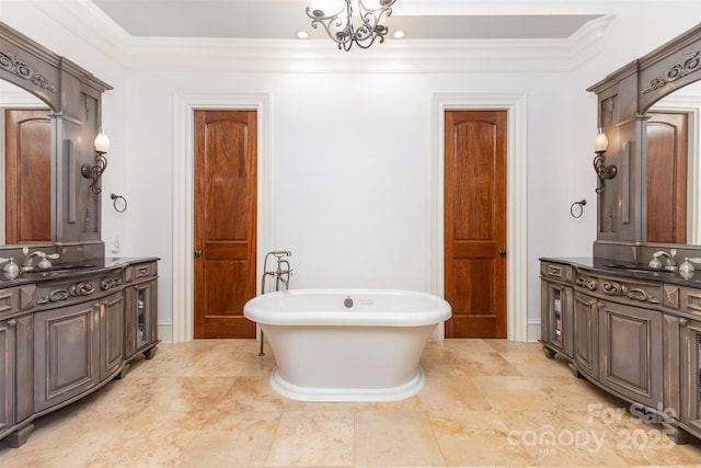 277 Tradition Dr, Mount Gilead, NC 27306 - bathroom featuring crown molding, a freestanding bath, and vanity