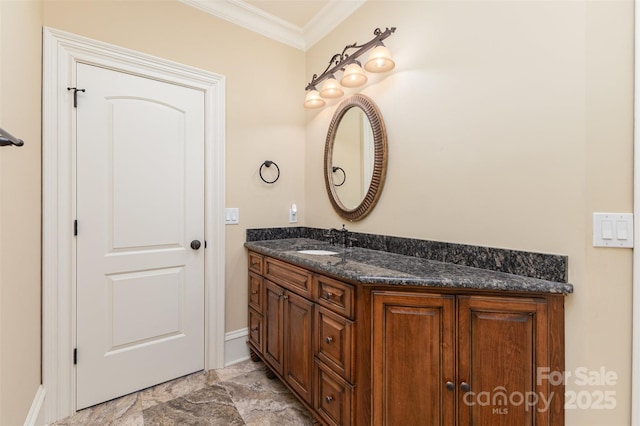 277 Tradition Dr, Mount Gilead, NC 27306 - bathroom featuring crown molding, vanity, and baseboards