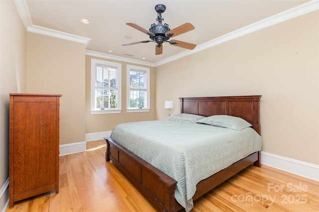 277 Tradition Dr, Mount Gilead, NC 27306 - bedroom with ceiling fan, crown molding, baseboards, recessed lighting, and light wood-style flooring