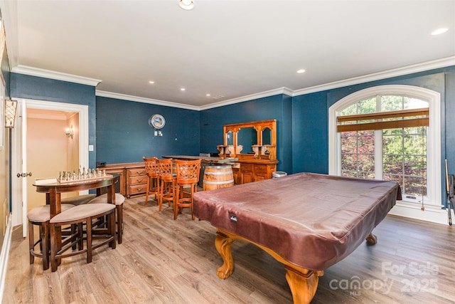 277 Tradition Dr, Mount Gilead, NC 27306 - playroom with billiards, ornamental molding, recessed lighting, and wood finished floors