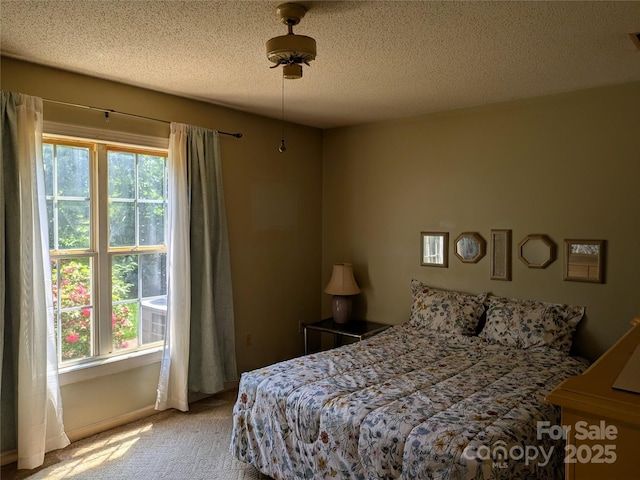 carpeted bedroom with a textured ceiling and multiple windows