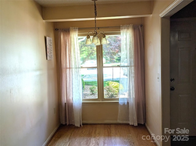 doorway featuring baseboards, a wealth of natural light, a notable chandelier, and wood finished floors