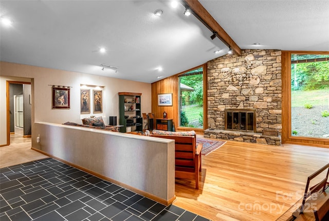 461 Sugar Hollow Rd, Fairview, NC 28730 - living room with rail lighting, healthy amount of natural light, a fireplace, and wood finished floors