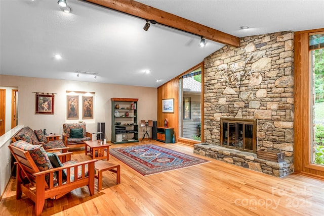 461 Sugar Hollow Rd, Fairview, NC 28730 - living area with track lighting, wood finished floors, and a stone fireplace