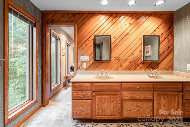 461 Sugar Hollow Rd, Fairview, NC 28730 - full bathroom with double vanity, wallpapered walls, wood walls, and recessed lighting