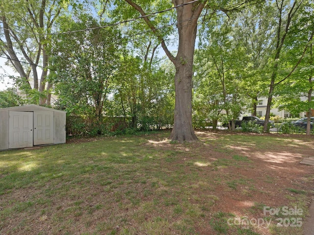 view of yard with an outbuilding, fence, and a storage unit