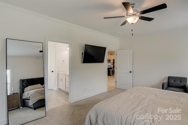 bedroom featuring crown molding, baseboards, ceiling fan, and light colored carpet