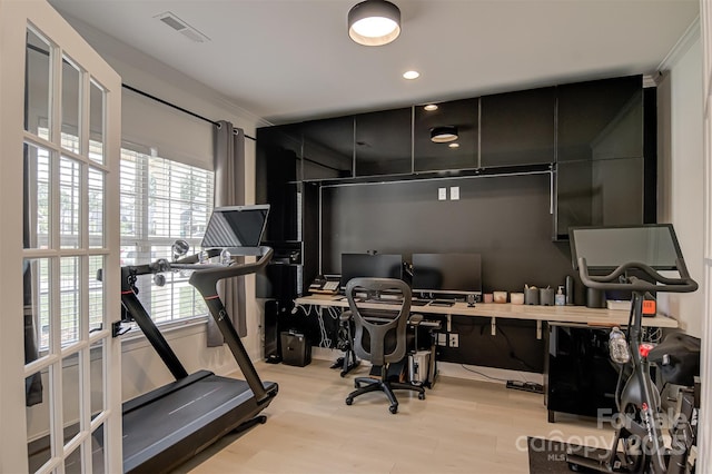 office area with crown molding, recessed lighting, visible vents, and wood finished floors