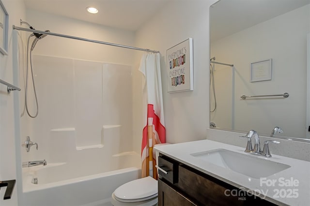 full bath featuring toilet, recessed lighting, shower / bathtub combination with curtain, and vanity