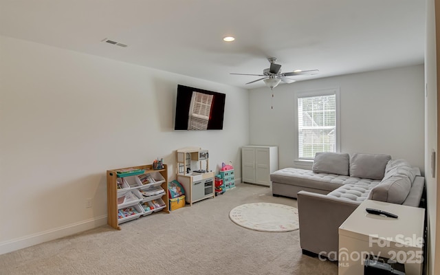 interior space featuring recessed lighting, baseboards, and ceiling fan