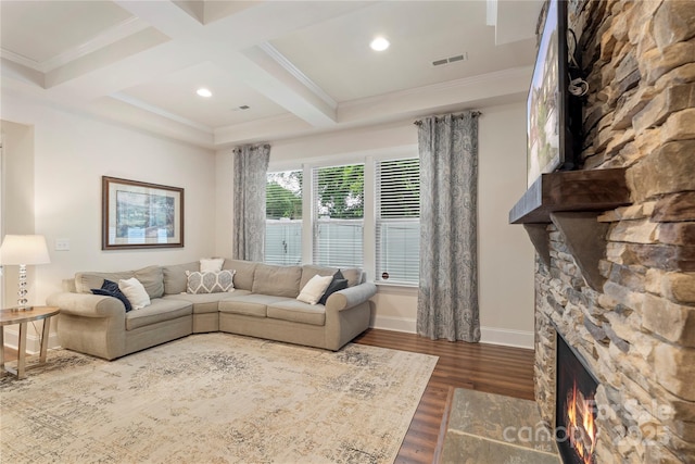 5422 Shannon Bell Ln, Charlotte, NC 28277 - living room with a fireplace, dark wood-style floors, coffered ceiling, beam ceiling, and ornamental molding