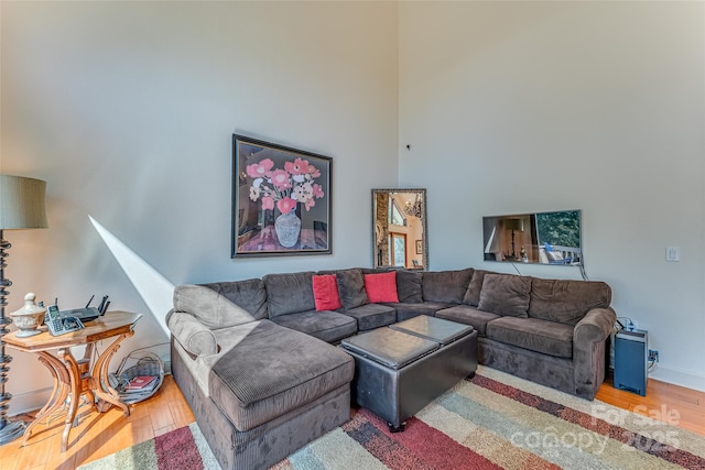 living area with baseboards, wood finished floors, and a towering ceiling