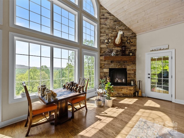 dining room featuring wood ceiling, a wealth of natural light, and high vaulted ceiling