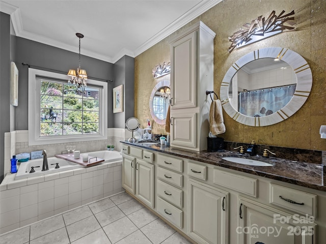 bathroom featuring tile patterned flooring, a sink, a notable chandelier, and double vanity