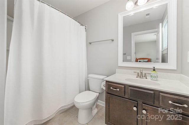 full bathroom with tile patterned floors, vanity, toilet, and visible vents