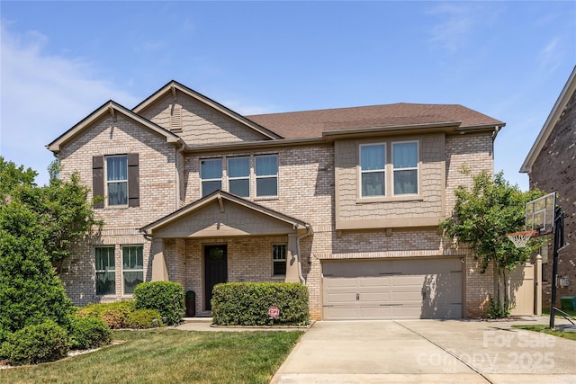 view of front facade featuring concrete driveway, brick siding, an attached garage, and a front lawn