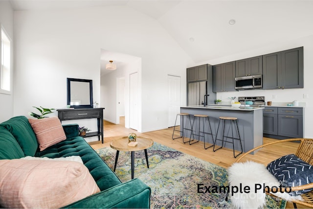 4 Chestnut Ridge Ave, Asheville, NC 28804 - living room featuring baseboards, light wood finished floors, and high vaulted ceiling