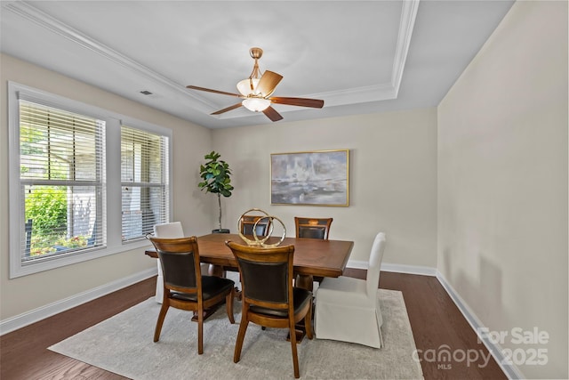 dining room featuring a ceiling fan, a raised ceiling, wood finished floors, and a wealth of natural light