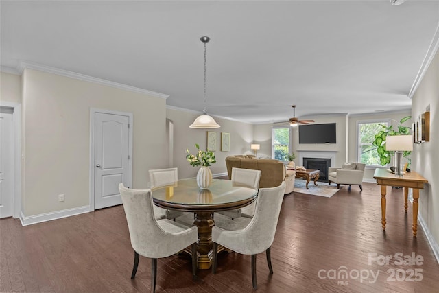 dining area with crown molding, baseboards, dark wood-style floors, and a fireplace