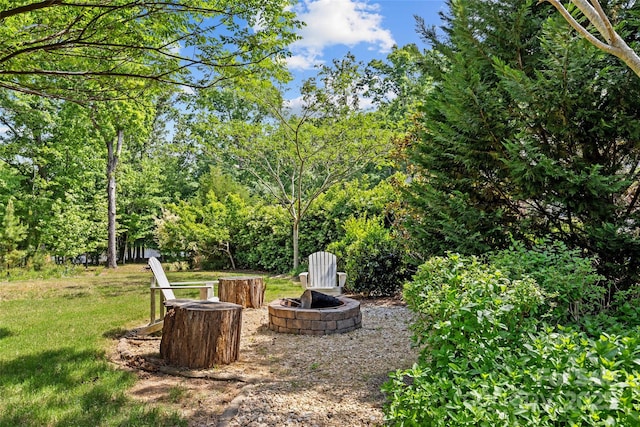 view of yard with a fire pit