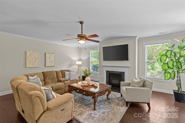 907 Lingfield Ln, Waxhaw, NC 28173 - living room with dark wood-type flooring, a ceiling fan, crown molding, and a glass covered fireplace