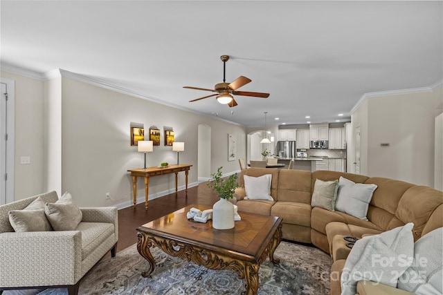 907 Lingfield Ln, Waxhaw, NC 28173 - living area featuring ceiling fan, crown molding, recessed lighting, and arched walkways
