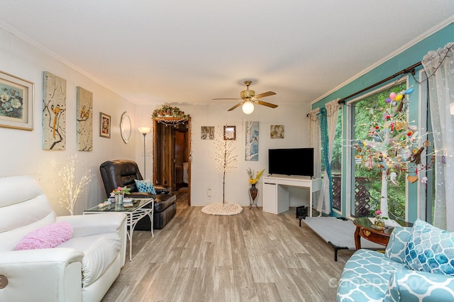 6804 Lineberger Rd, Denver, NC 28037 - living area with light wood finished floors, crown molding, and a ceiling fan