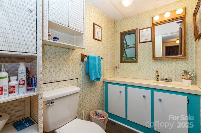 6804 Lineberger Rd, Denver, NC 28037 - bathroom with toilet, wallpapered walls, and vanity