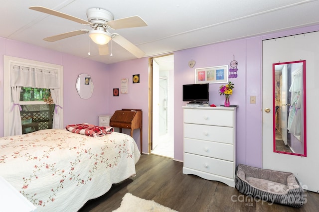 6804 Lineberger Rd, Denver, NC 28037 - bedroom featuring dark wood-type flooring, ceiling fan, and connected bathroom
